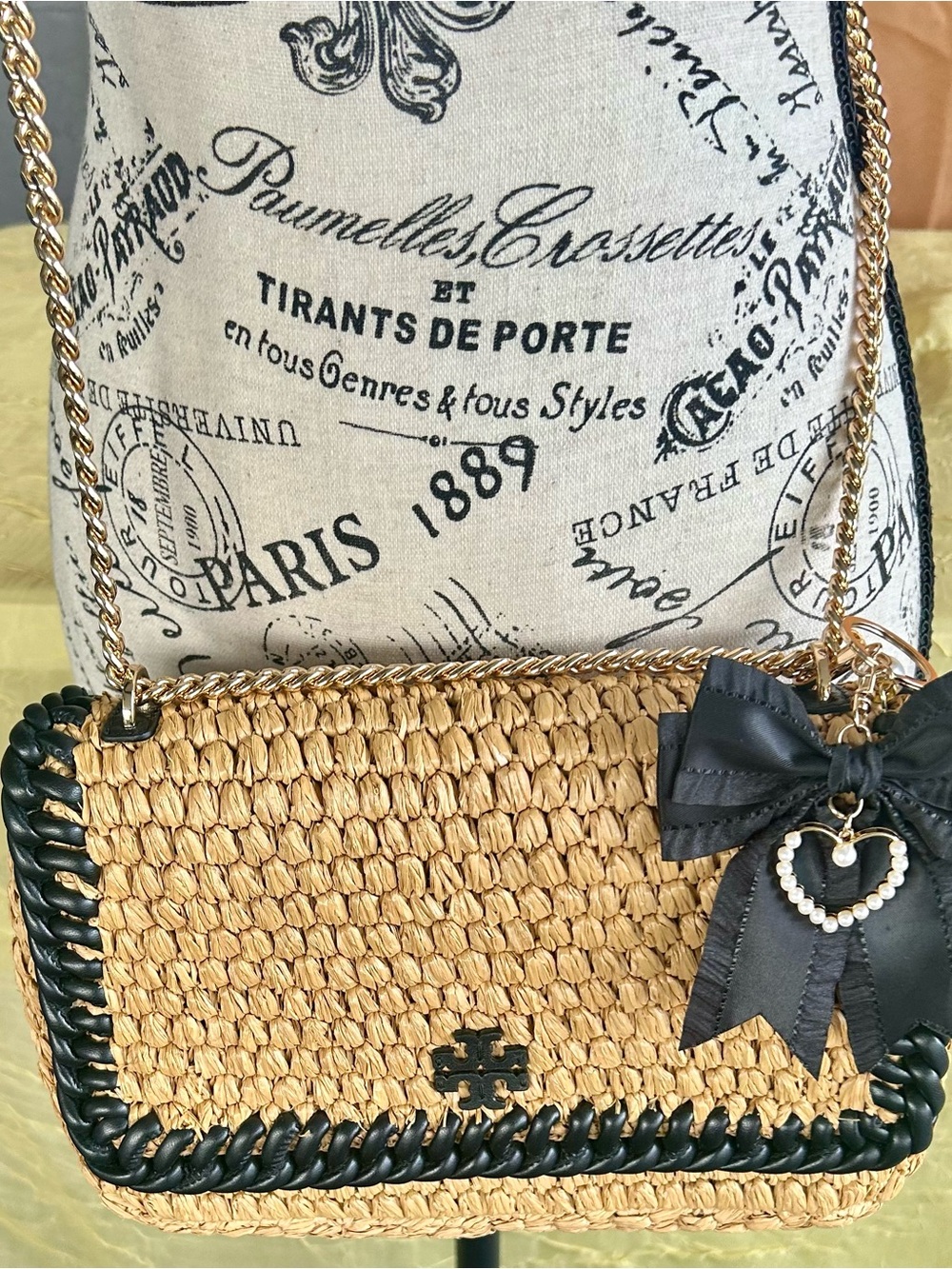 Tory Burch Natural Straw Crossbody with Black Trim and Gold Chain - Picture 2 of 13
